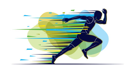 Naklejka premium Silhouette of a runner in motion, depicted with dynamic streaks of color symbolizing speed and energy.
