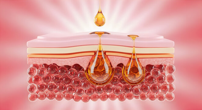 Anatomical illustration of skin layers with oil absorption and hydration process