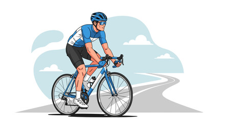 Fototapeta premium A male cyclist in a blue and white jersey, black shorts, and a blue helmet rides a blue road bike on a paved road with a cloudy sky.