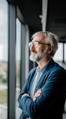 Fototapeta premium Middle-aged man stands with arms crossed in office, looking away with a smile, showcasing a modern workspace and professional atmosphere