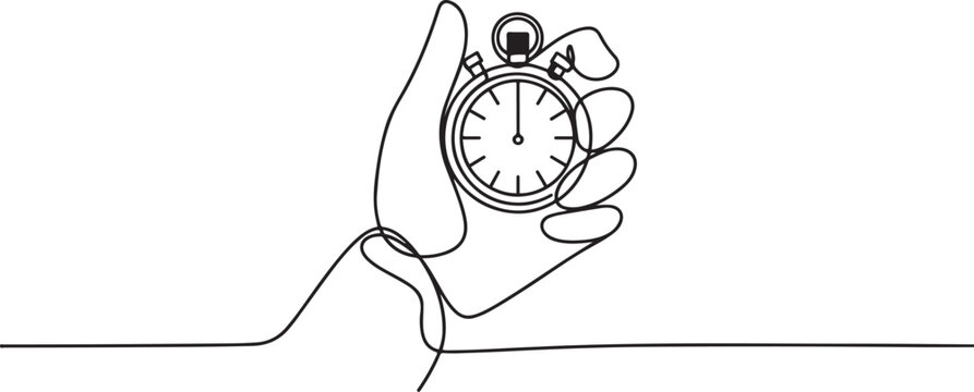Continuous line drawing of a hand holding a stopwatch. One line draw graphic design vector