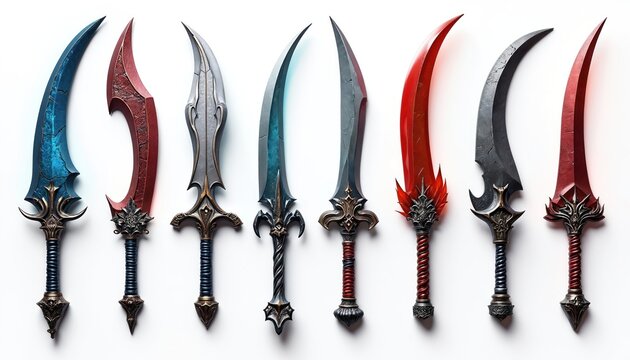 Collection of fantasy swords with ornate hilts, colored blades. Weapons include red blue, grey designs with unique patterns. Blades sharp edges, decorative elements. Variety of sword styles shown