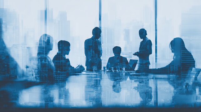 A group of business professionals gathered around a conference table in a modern office with a city skyline view
