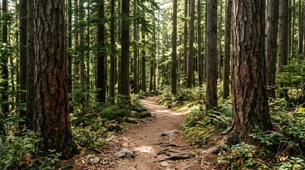 Fototapeta premium Serene forest trail surrounded by tall trees and lush greenery