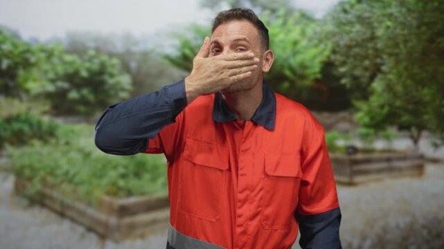 Man in orange safety uniform covers his face with hand and grins in studio with garden planters and leafy greenery visible; playful concealment.