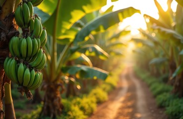 Obraz premium Green unripe bananas grow on tree branch in sunlit plantation. Dirt path leads through rich tropical foliage. Agriculture scene with young fruit bunches on plant.