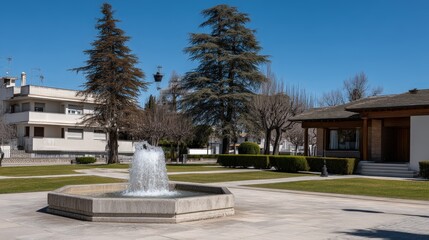 Naklejka premium A garden with a fountain and building is surrounded by trees and hedges on a sunny spring day with clear blue sky