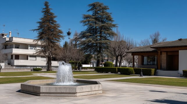 A garden with a fountain and building is surrounded by trees and hedges on a sunny spring day with clear blue sky