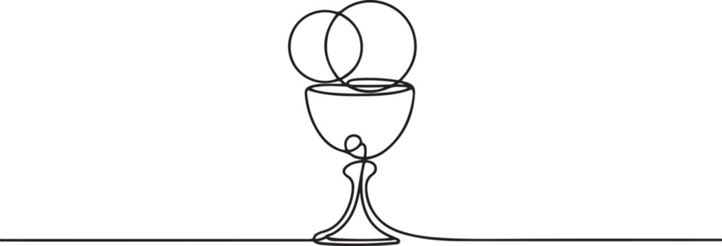 eucharistic chalice with bread One line draw graphic design vector