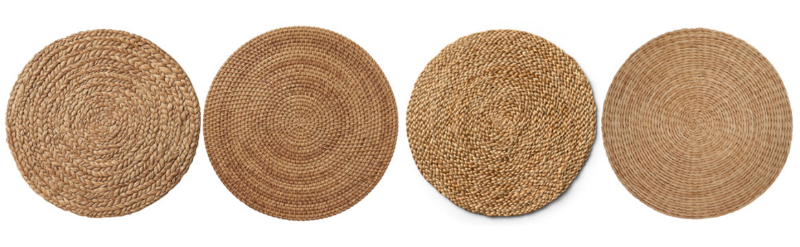 A rustic collection of four round woven carpets or rugs, showcasing natural textures and intricate patterns for home.