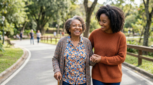 Portrait of senior woman walking with her caregiver in the park