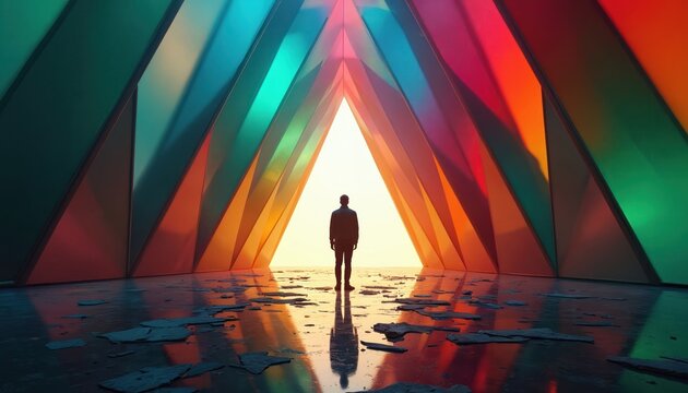 Man stands in colorful abstract geometric tunnel of triangular shapes. Light from end entrance illuminates fragmented floor. Future concept.