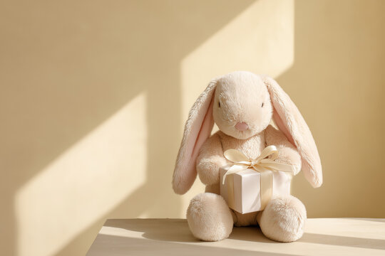 Plush bunny rabbit toy holding small gift box in warm sunlight