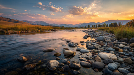 Obraz premium Natural rocky river flowing through mountain valley landscape