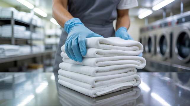 AI-generated laundry service concept with worker hands folding clean white towels in industrial laundromat, representing hygiene, housekeeping, hospitality and professional cleaning services