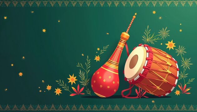 Assamese folk instruments pepa and dhol displayed on green background. Decorative festive pattern at top and bottom borders. Small stars and floral elements scattered across.
