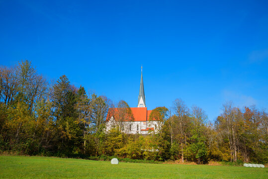 catholic church Maria Himmelfahrt, Bad Wiessee, bavaria. blue sky above