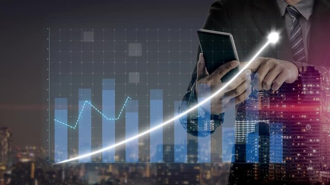 A businessman analyzes financial data on a smartphone while monitoring an increasing graph against a city skyline, symbolizing growth and economic progress. Copula