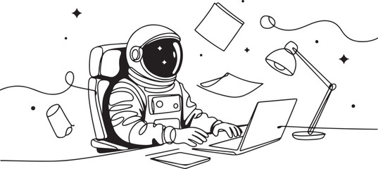 One continuous line drawing spaceman on spacesuit siting on chair while typing in laptop. Astronaut business office with deep space concept One line draw graphic design vector © Hasho 