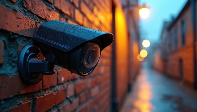 Close up security camera on wet brick wall. Narrow city alleyway with blurred lights. Urban street under moody twilight or evening sky. Cobblestone path reflects warm streetlamps.