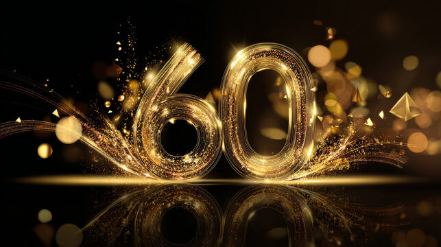 60th Anniversary luxury gold celebration with elegant outline numbers and golden glitter lights in shapes logo vector design concept. Sixty years anniversary gold template for celebration event, card.