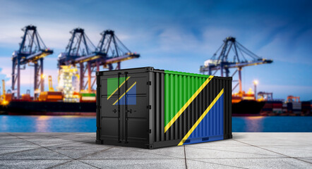 Tanzania Cargo Container: A shipping container with the Tanzania flag stands ready for transport in a bustling port, showcasing global trade and logistics. © bao