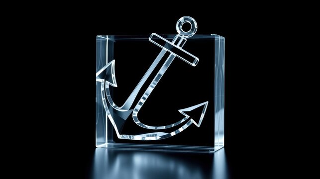 Glass cube displays anchor symbol. Blue glow illuminates object, creating reflection on dark surface. Minimalist design.