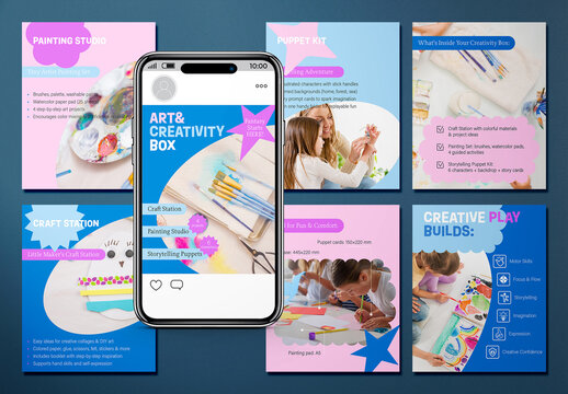Vector Instagram carousel template for kids' creative products. Ideal for promoting toys, craft kits, art boxes, DIY sets and educational goods in a children&rsquo;s store or brand feed.