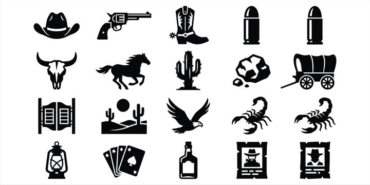 Collection of cowboy and western symbols including horses, cacti, guns, and vintage items, ideal for retro, wild west, and adventure design concepts.