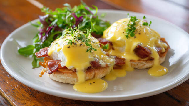 Eggs benedict with poached eggs and bacon on toasted bread