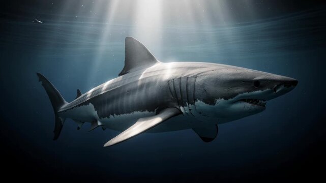 Close up of a great white shark swimming underwater with sunlight rays penetrating the ocean