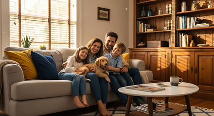 Fototapeta premium A happy family with their golden retriever puppy enjoying quality time together on the sofa in a cozy living room
