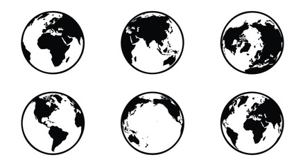 Obraz premium Minimalist world globe icons set, black and white earth sphere vectors showing different continents, global map symbols for logistics and travel