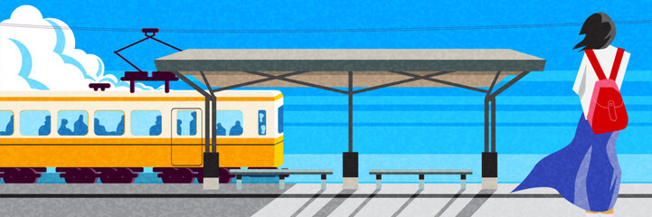 Fototapeta premium Springtime Travel Illustration with Coastal View Cycling and Railway