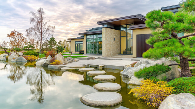 Contemporary luxury house surrounded by pond garden and stone path