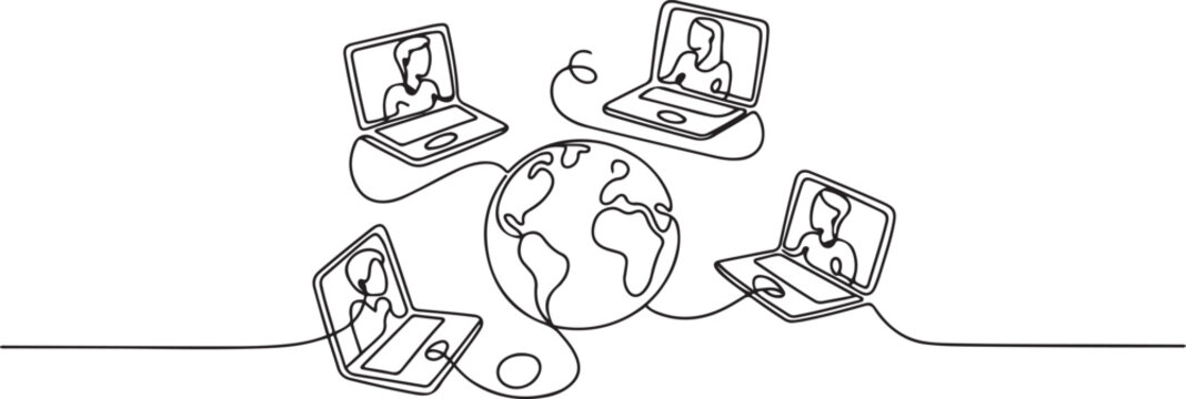 Social network. Continuous one line drawing of laptops with some people on screen and globe. learning or meeting online with teleconference One line draw graphic design vector