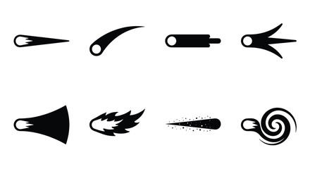 Black comet icons set, minimalist asteroid and meteor silhouettes, 8 vector shooting star symbols, celestial motion graphic elements for space design © Rayhan