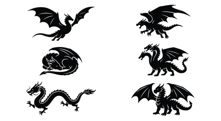 Mythical dragon silhouette set, 6 black dragon vector icons, fantasy creature illustrations for gaming and logos, flying and sleeping dragon graphics © Rayhan