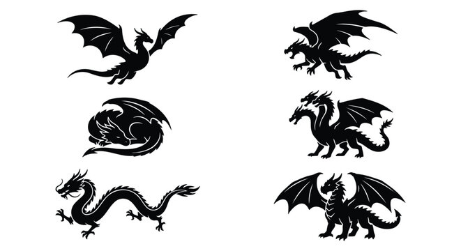 Mythical dragon silhouette set, 6 black dragon vector icons, fantasy creature illustrations for gaming and logos, flying and sleeping dragon graphics