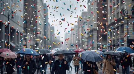 Obraz premium Surreal Rain Of Colorful Pills Over People With Umbrellas In City Street