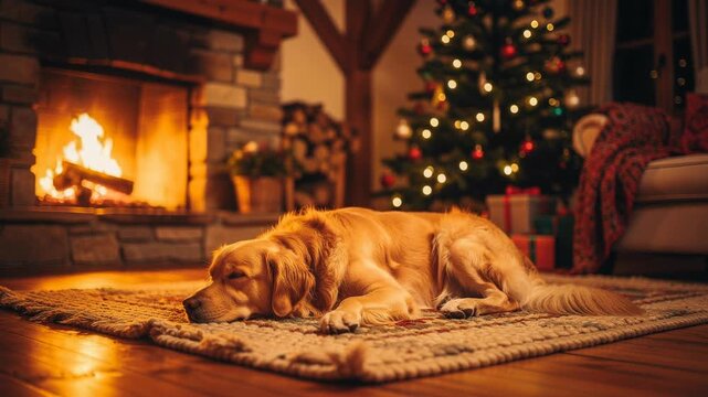 Cozy golden retriever sleeping by warm fireplace with decorated Christmas tree and gifts in living room
