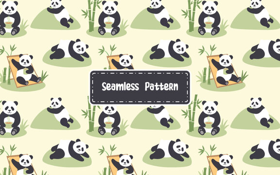Cute cartoon panda seamless pattern illustration.