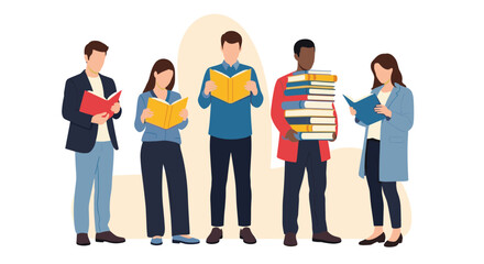 Obraz premium Diverse group of young students standing together and engaged in reading various books representing global education and knowledge sharing.