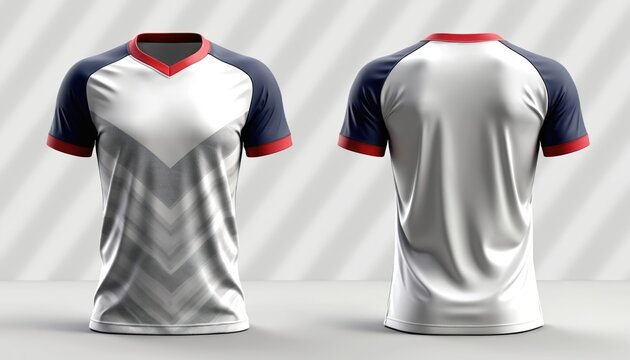 Front and back view of a blank sports jersey mockup. This athletic shirt template features raglan sleeves and a V-neck collar for team apparel design.