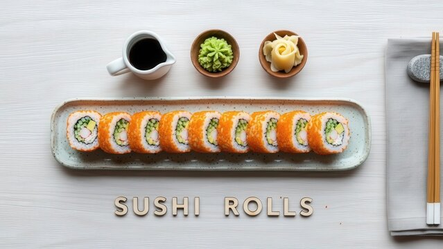 Minimalist Overhead Flat Lay of High-End California Sushi Rolls with Wooden Word Label on Whitewashed Maple