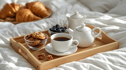 Fototapeta premium Delicious Breakfast Tray with Croissants Coffee and Cookies on Bed.