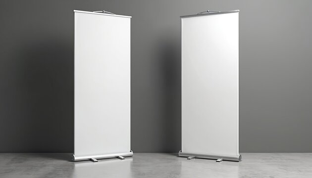 Two empty white roll up banners stand on concrete floor against grey wall. Useful for business presentations trade show event displays exhibition mockups. Versatile advertising media.