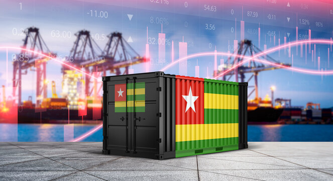 Togolese Import/Export Container: A striking visual of a Togolese shipping container, boldly displaying the nation's flag, poised within a bustling port environment.