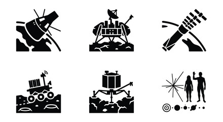 Space exploration icon set, black and white lunar mission vector graphics, 6 astronomy elements featuring moon lander, rover, and spacecraft © Siyam