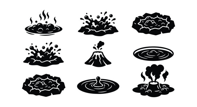 Volcano and geyser icon set, black and white vector illustrations of volcanic eruptions, bubbling mud pots and thermal hot springs, 9 elements